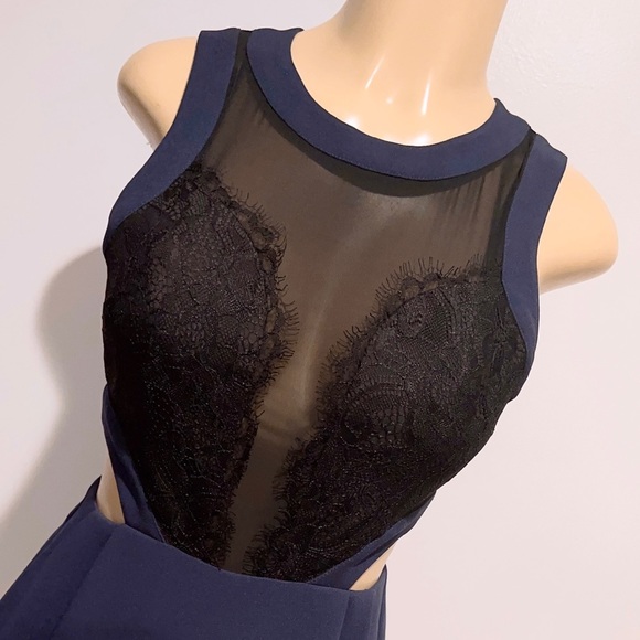 BCBGeneration Navy Blue Black Lace Inset Pleated Skirt Cutout Side Mini Dress 2 - Picture 6 of 15